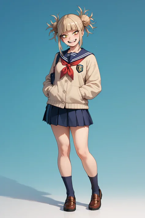 masterpiece, best quality, Himiko Toga (My Hero Academia), blonde hair, yellow eyes,School uniform, mischievous smile,Full Body Portrait,