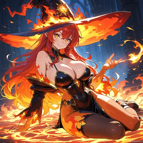 1girl, witch_hat, hat, solo, long_hair, dress, black_dress, orange_eyes, a woman in a witch hat sitting on a fire, witch burning, fire spell, flame spell, flirty anime witch casting magic, flame conjuring armored, flames surround her, completely consisting...