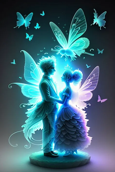 a beautiful 3D ghostly crystal couple of lovers on a soft fairy mist rose, transparent butterflies, colorful birds flying around the lovers