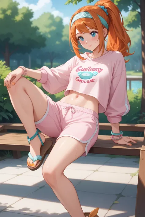 Orihime's sweat outfit combines comfort with casual style, while still adhering to the rule of showing her navel and toes.

Top:

She wears a cropped, oversized sweatshirt in a soft pastel pink, with a simple logo printed across the chest. The relaxed fit ...