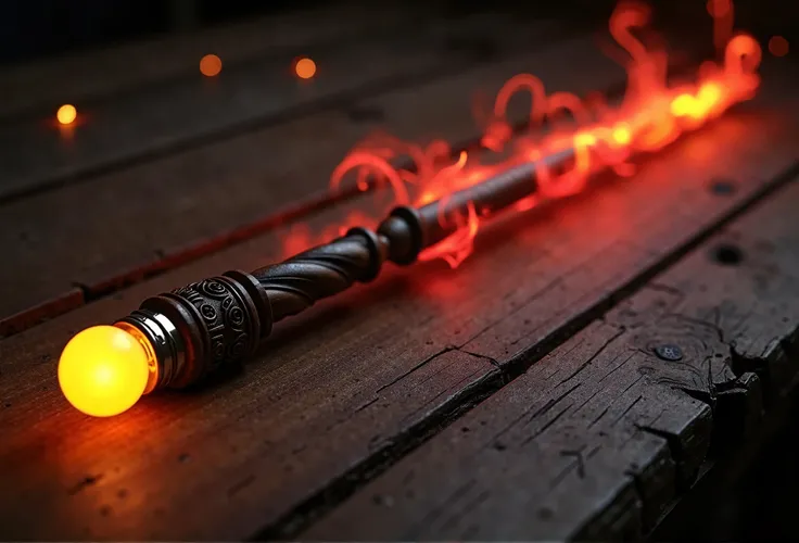  A unique magic wand rests on a rustic wooden table ,  surrounded by a faint glow that reveals its grandeur .  Made of dark walnut wood ,  34 centimeters long ,  its surface is perfectly smooth ,  but features fine spiral carvings that cover its entire len...