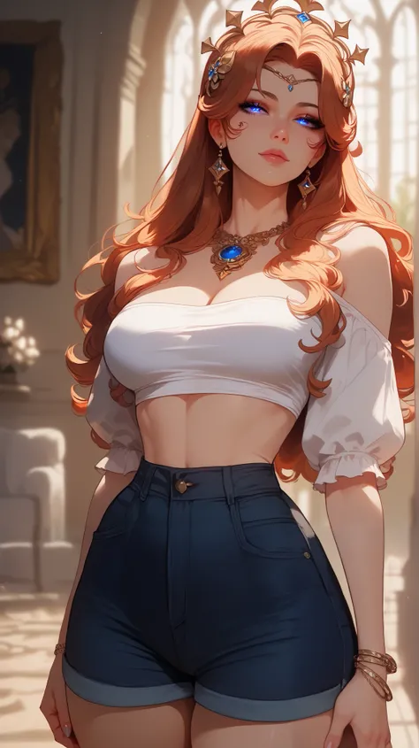 Acheron style,  perfect eyes,  perfectly sexy face, ultra detailed,  ultra perfect eyes,  big beautiful woman , standing, dark blue shorts, Body,  looking at the spectator ,