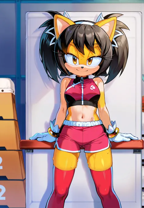 4k, perfect quality, 1girl, solo, Honey the Cat, Sonic, sweat, crop top, shorts, thigh highs, alluring smile, standing with legs spread out, gym storage room,