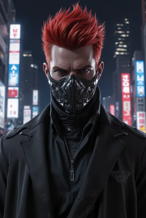 Can you draw a handsome man with a mysterious red-haired face with a mask only on his mouth in the grand theft auto 5 universe