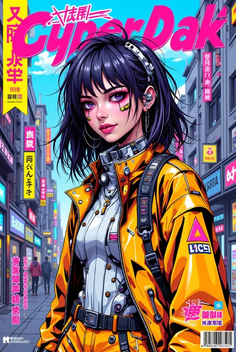 ((manga (((magazine cover))) illustration) of (beautiful cyberpunk girl wearing cyberpunk street style clothing))), cute smiling Japanese girl, (very detailed linework), ((katsuhiro otomo art style)), comic book colours, ((Japanese text)), barcode, (NSFW).