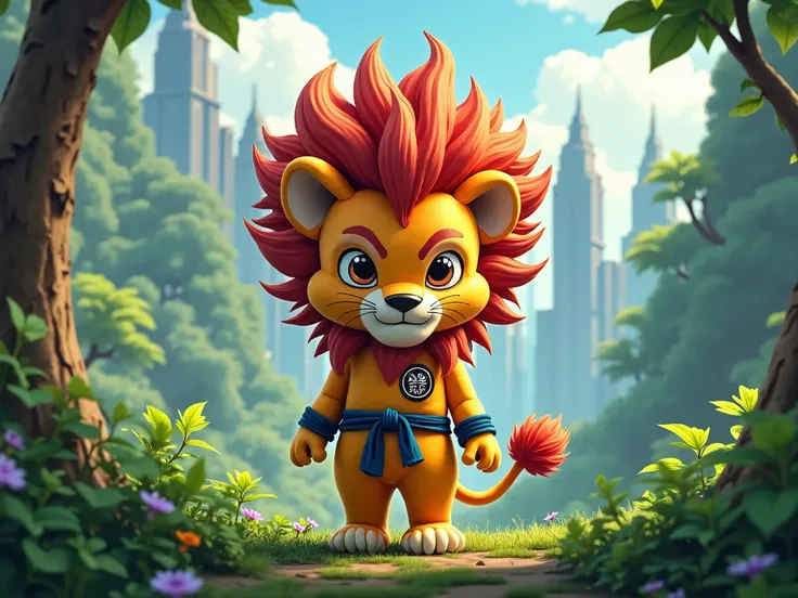 A jungle in it a city. In the city: A small lion with golden fur with a touch of red in its mane. His figure is 50% human and 50% animal. His posture is standing, his eyes are large and bright, reflecting determination and bravery. Its body has black spots...