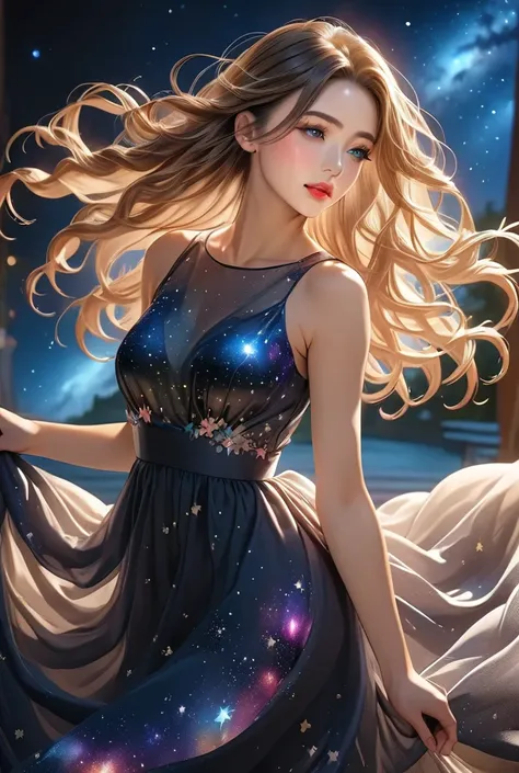   beautiful woman、whole body、Starry Sky Dress、