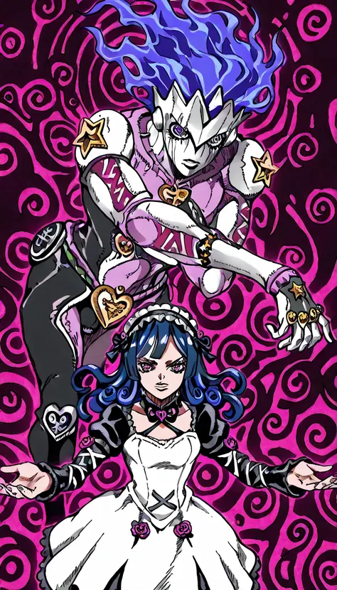 PonyScores score_9, score_8_up, score_7_up, rating_explicit, source_anime, shijojostand, stand \(jojo\), 1other, long wavy blue hair, hypnotic spiral eyes, black and white dress with star and eye patterns, ghostly companions, surreal horror theme, floating...