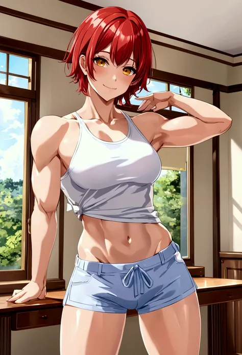 Muscle girl, short red hair, yellow eyes, shorts, white shirt, summer day, house room, ecchi, sexy pose, posing, smile, ecchi girl, ecchi. 