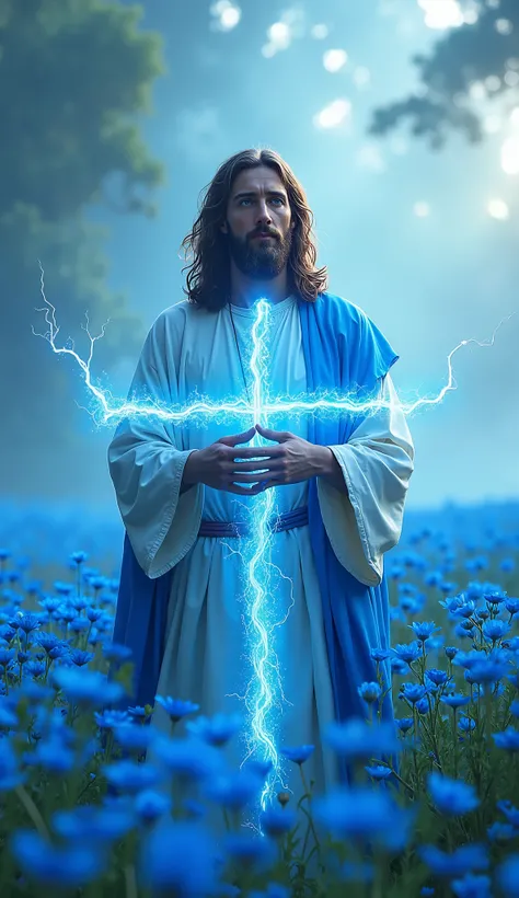 Jesus Christ, blue eyes, brown hair blowing in the wind, light blue and white tunic, holding a large cross made of light blue electricity, in a field full of blue flowers. Realistic 8k image