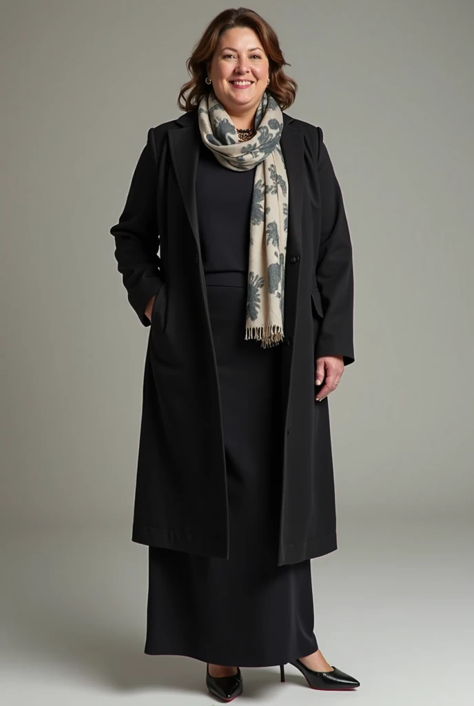 Create a professional look with coat and long shirt or maxi for plus size 42 y woman, with head scarf in monochrome or different colours with long or short blazer
