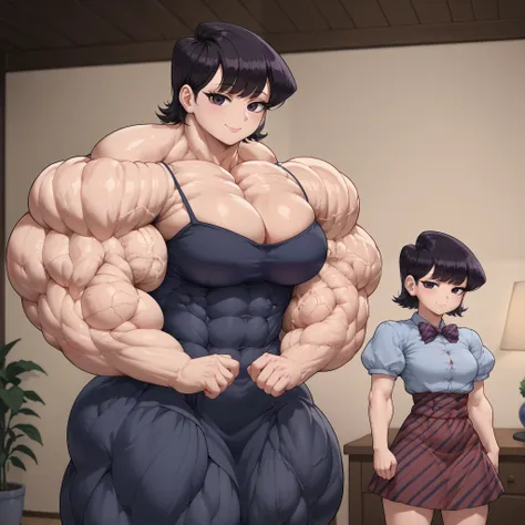 Score_9, score_8_up, score_7_up, score_6_up,  source_anime, 1girl, smile,  komi shuuko, short hair,,  sexy dress,  BREAK, before and after, muscle growth, transformation, huge biceps, muscle veins,  (size difference, height difference),  bodybuilder, cleav...