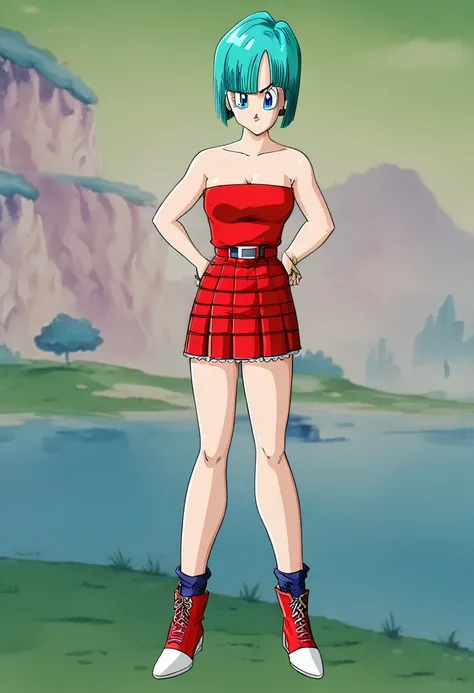 Bulma,  short hair, aquamarine hair, bob cut style .,  water colored hair ,  Bangs ,  blue eyes, attire, From Saga de los Androides ,  strapless red shirt ,  Red Pleated Skirt  ,  bare shoulders , cowboy grip ,  looking sideways , serious guy.  full body, ...