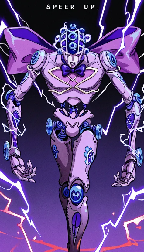 PonyScores score_9, score_8_up, score_7_up, rating_explicit, source_anime, shijojostand, stand \(jojo\), 1other,  robotic skeletal figure, rabbit-like head, large bow tie, elongated limbs, glitching digital artifacts, lightning effects, intricate design, b...