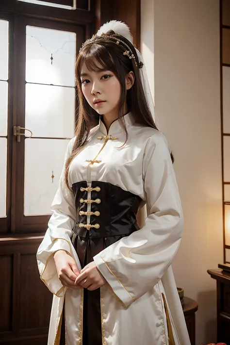 Beautiful chinese princess of Tang Dynasty, médium height, black eyes, white skin, brown hair, using real costumes of the time