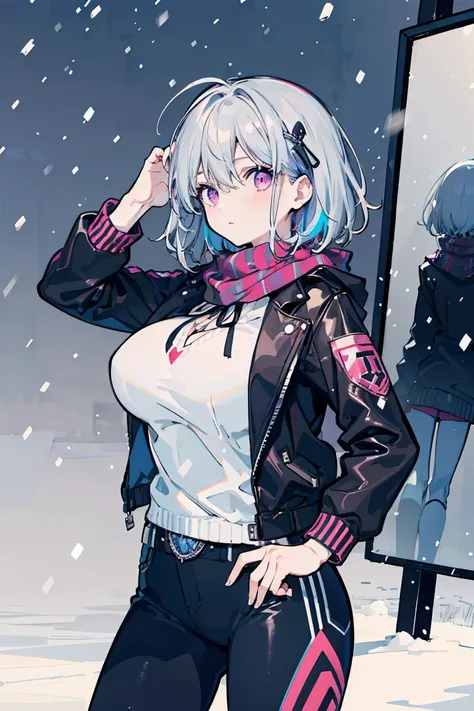  cowboy shot, Mechanized body,  large mechanical weapon, SF,   cyborg,   1 girl,   big breasts 1.3,     chic colored clothes  , winter,  gray hair  ,   very short hair,  Side ribbon    ,   look up at the sky , (  snowing ),  scarves  ,   jacket  ,   clear ...