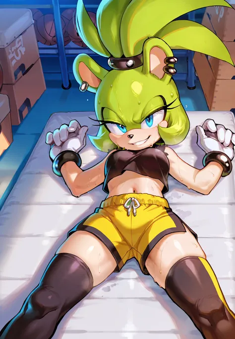 4k, perfect quality, 1girl, solo, Surge the Tenrec, Sonic, sweat, crop top, shorts, thigh highs, alluring smile, standing with legs spread out, gym storage room,