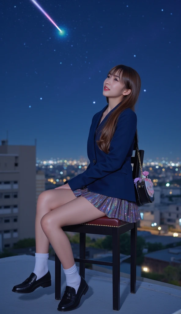 (  kampala), (8k), (  very detailed ), (Back pose), ( bootie pose walking from the front)(  beautiful detailed eyes), ( best quality), (masterpiece),、((Romantic night with a meteor shower  ))、（ Japanese high school girl who looks like a model sitting on a ...