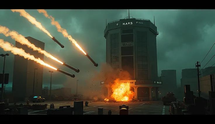 An overhead shot frames the **rebel cars** firing a coordinated volley of **missiles** toward the **H.A.P.S. Tower and walls.** The glowing projectiles carve fiery trails through the dark, misty sky, their orange exhaust creating dynamic streaks of light a...