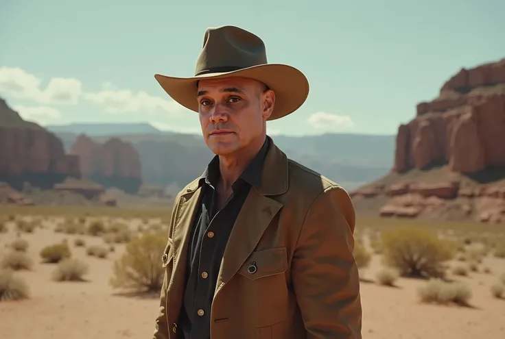 cinematographic photograph of a bald man, with a cowboy hat, dark eyes, in cowboy clothing, standing in the middle of the desert, with the Grand Canyon National Park in the background, influenced by Cattlepunk (Weird West).