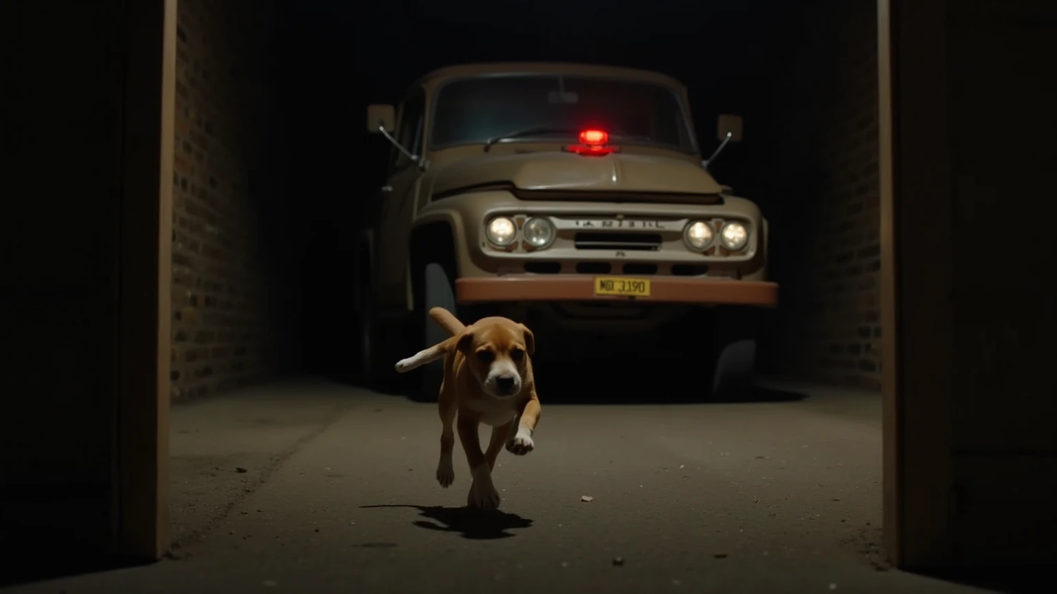 A beagle puppy with a noticeable crimp in his tail runs through a dark alley at night, fleeing from an animal control truck.  The old beat-up truck's headlights illuminate the alley, and we see the puppy frightened and running.