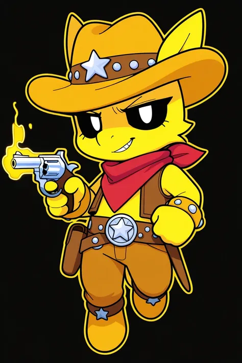 furry, anthro character, solo, chibi, an abstract silhouette of pony wearing cowboy clothes, wearing yellow cowboy_hat, yellow shoes, holding revolver, yellow fur, black pupils, white sclera, black background, the yellow glow is behind, casting of glowing ...