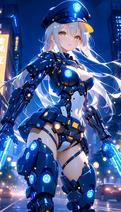  Cyberポリス。night。 Cyberパトカーの中。Machine Girl。 the body of a machine that manipulates trees。black mechanical armor。While driving。Mechanical Arm。Armor police uniform。 string panties。 Cyber都市。 Cyber。Police hat。police design 。 ponytail。sit。