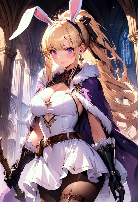 (masterpiece),(best quality),(ultra-detailed),(best illustration),(best shadow),(detailed background), 1girl, breasts, pantyhose, purple-eyes, cleavage, solo, belt, gauntlets, cape, jewelry, ponytail, large-breasts, blonde-hair, standing, long-hair, earrin...