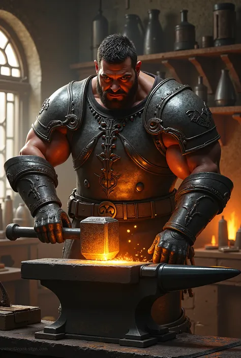 A real life portrait of a World of Warcraft blacksmith working on some plate armor in his shop standing and hammering on it on top of a large anvil