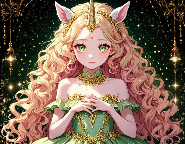 white skin, pony ears....  unicorn horns ,  Light Yellow Hair,  yellow eyes, green eye shadow with glitter ,  curly hair ....  standing wearing a dress placed with small breasts,  hands with nails painted light pink .