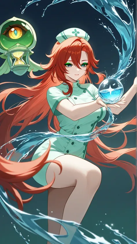 She wears light green eyeshadow, a Woman , hourglass body ,  long hair,  red hair, fringe ,  blue and green eyes,  two different eye colors ,  one person only, nurse hero costume dress, genshin impact style, water bending healing power 