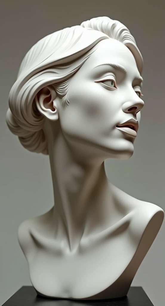 Make a work of art.  stylized sculpture , idealized with solid and elegant shapes and figures that elegantly emphasizes the volume of the morphology of a 's head, with simple edges ,  very defined and flat .  with light Sienas tones and on a white backgrou...