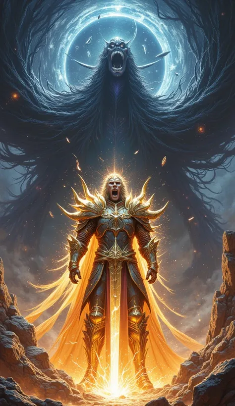 Epic moment of divine sacrifice: The god-knight Valenor, clad in radiant, semi-translucent armor cracked with glowing fissures, screams as his soul shatters into seven luminous shards. His blazing greatsword, Aeternum, splinters in his grasp, its shards sc...