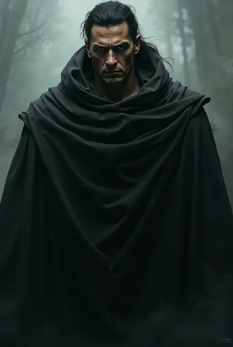 a brutal man, tall, black-haired, fair-skinned, with grey eyes, in a black cloak
