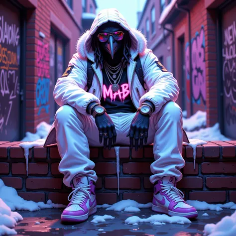 A cool wallpaper of a gangster anthropomorphic crow, donned in baggy street clothes. A blinged white baggy jeans. In a dynamic gangsta hip hop pose, sitting on a short brick wall in front of a heavily graffitied alleyway. The name "MAB" etched in neon lett...