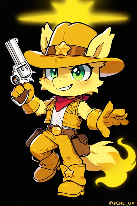 furry, anthro character, solo, chibi, an abstract silhouette of pony wearing cowboy clothes, wearing yellow cowboy_hat, yellow shoes, holding revolver, yellow fur, black background, the yellow glow is behind, casting of glowing yellow heart, justice, yello...