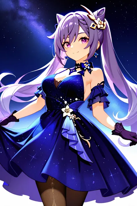 8k,masterpiece, best quality, ultra detailed, high resolution, super fine illustration,Keqing (Genshin impact), 1girl, solo, smile ,purple eyes, purple hair, cone hair bun, double bun, braided bangs, long hair, medium breasts, casual style,(starry sky dres...