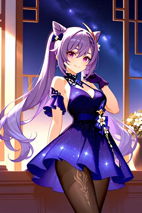 8k,masterpiece, best quality, ultra detailed, high resolution, super fine illustration,Keqing (Genshin impact), 1girl, solo, smile ,purple eyes, purple hair, cone hair bun, double bun, braided bangs, long hair, medium breasts, casual style,(starry sky dres...