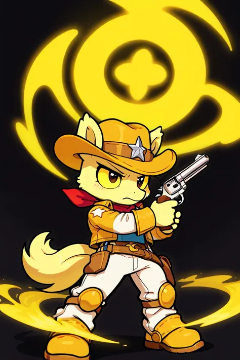 furry, anthro character, solo, chibi, an abstract silhouette of pony wearing cowboy clothes, wearing yellow cowboy_hat, yellow shoes, holding revolver, yellow fur, black background, the yellow glow is behind, casting of glowing yellow heart, justice, yello...