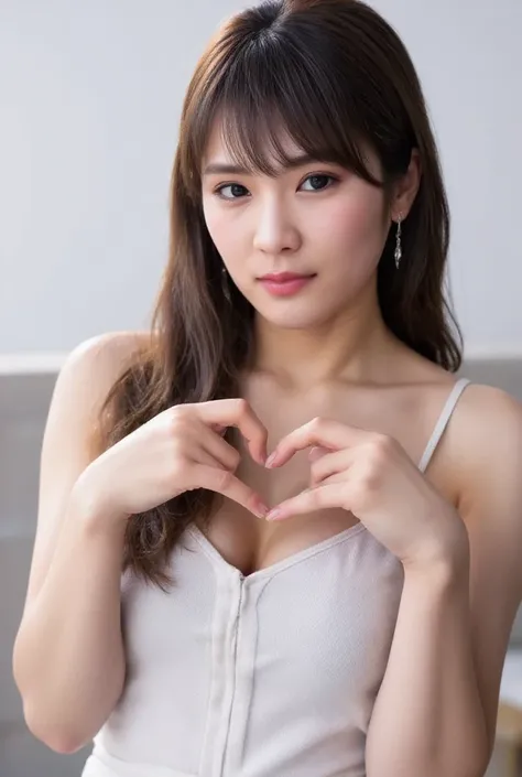  Super Fine、Picture of her face 、 and she has a smile showing her teeth, I&#39;m wearing a camisole,  posing with her hands crossed in the shape of a heart in front of her chest、The background is plain 、    high definition 、細部にわたって   high definition 