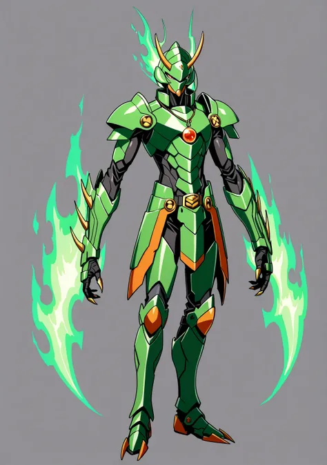 score_9, score_8_up, score_7_up, source_anime, rating_safe, , (realistic: 0.6), front visor, , 1 male, alone, male focus, issei_Hyoudou, powered up equipment, samurai-type armor, green armor, orange gems, gold details, full armor, slender body, long body, ...