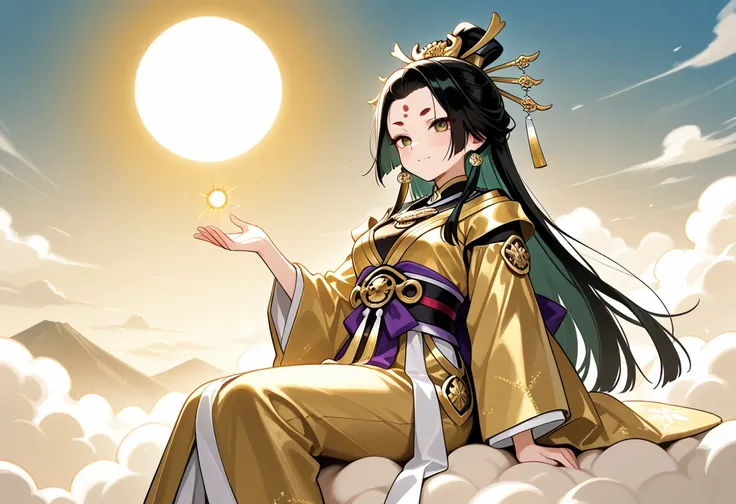 black hair, nihongami, japanese clothes, gold clothes, gold ornaments, sit on clouds, sun