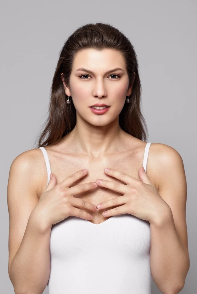  Super Fine、Picture of her face 、 and she has a smile showing her teeth, I&#39;m wearing a camisole,  posing with her hands crossed in the shape of a heart in front of her chest、The background is plain 、    high definition 、細部にわたって   high definition 