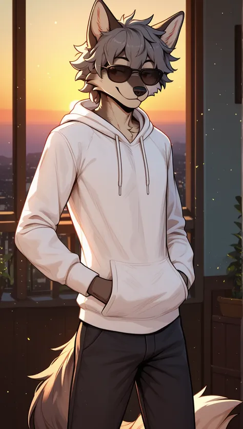 masterpiece, best quality, seductive expression, 1boy, anthro, furry, fur, fluffy fur, wolf boy, furry, wolf ears, animal nose, cute eyes, black sunglasses, wolf tail, gray hair, short hair, (messy hair), solo, (bedroom), sunset, detailed, (white hoodie, b...