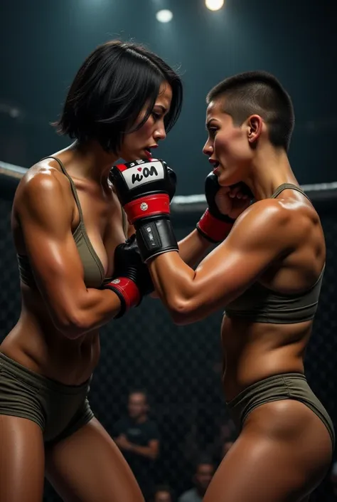  In an MMA ring inside a military base ,  two female soldiers face off in an intense fight .  The environment is dark ,  with just the ring light illuminating the female wrestlers' sweaty and muscular bodies. One of them ,  of short black hair and brown ey...