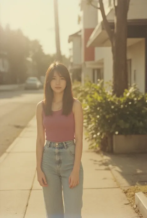 Grainy vignette of a ravishing Blurred image Japanese cute school girl, circa 1990, bathed in warm sunlight and soft focus. She stands confidently on the sidewalk, hands tucked into worn jeans pockets, exuding effortless charm. The faded frame's gentle haz...