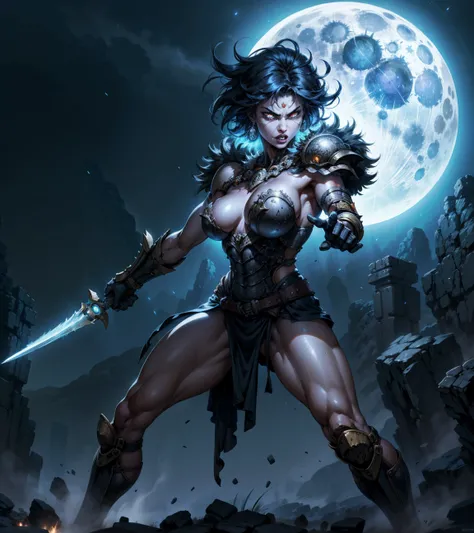 Woman, warrior, a barbarian, legs spread wide open, angry look, action stance, sexy battle uniform a speer in hand, on a Battlefield, omnious presence, glowing eyes, combat stance, vibrant appearance, creative behavior, menacing, imaginative, sensual, spon...