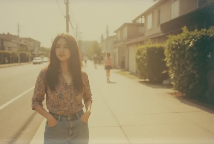 Grainy vignette of a ravishing Blurred image Japanese cute school girl, circa 1990, bathed in warm sunlight and soft focus. She stands confidently on the sidewalk, hands tucked into worn jeans pockets, exuding effortless charm. The faded frame's gentle haz...