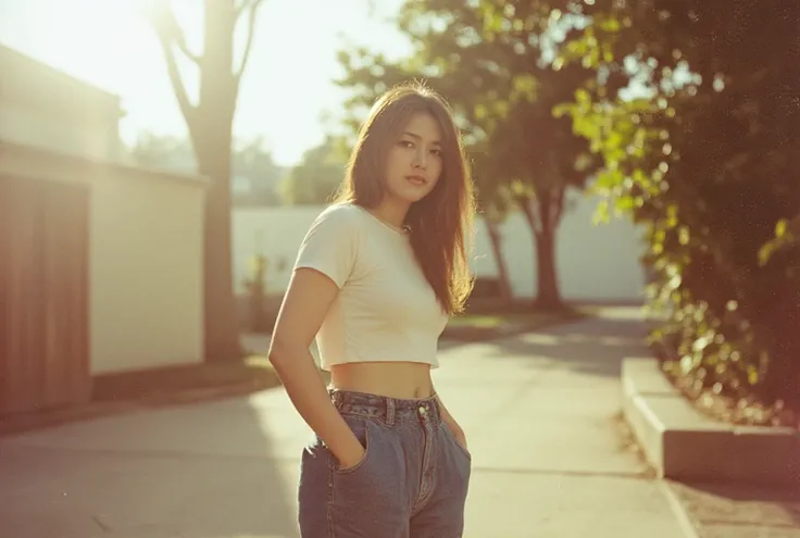 Grainy vignette of a ravishing Blurred image Japanese cute school girl, circa 1990, bathed in warm sunlight and soft focus. She stands confidently on the sidewalk, hands tucked into worn jeans pockets, exuding effortless charm. The faded frame's gentle haz...