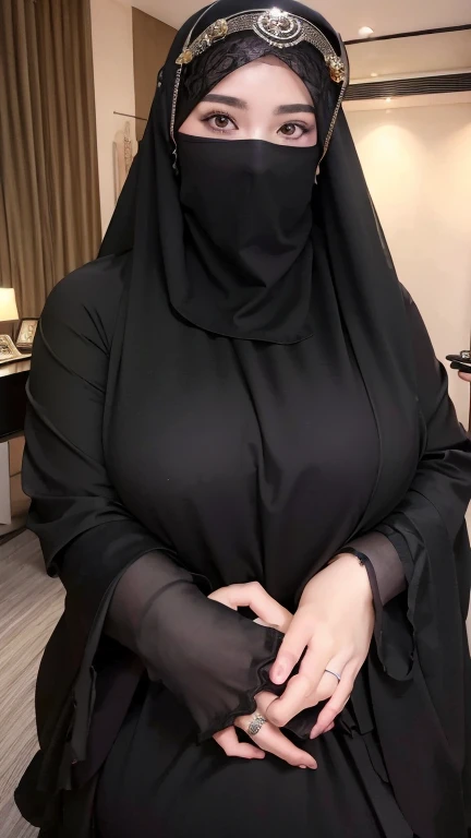 8K, high quality, nice lighting, soft lighting, realistic, dark eyes, sexy, big breasts, thighs, wide hips, arabic dress, black dress, Jewelry, sexy lady, asian, hijab, niqab, sexy pose, showing big thighs, nice body, natural largest breast, wearing rings ...